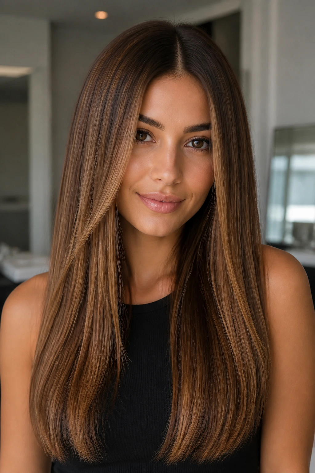 Portrait of a real woman with straight glossy brown hair and subtle caramel balayage