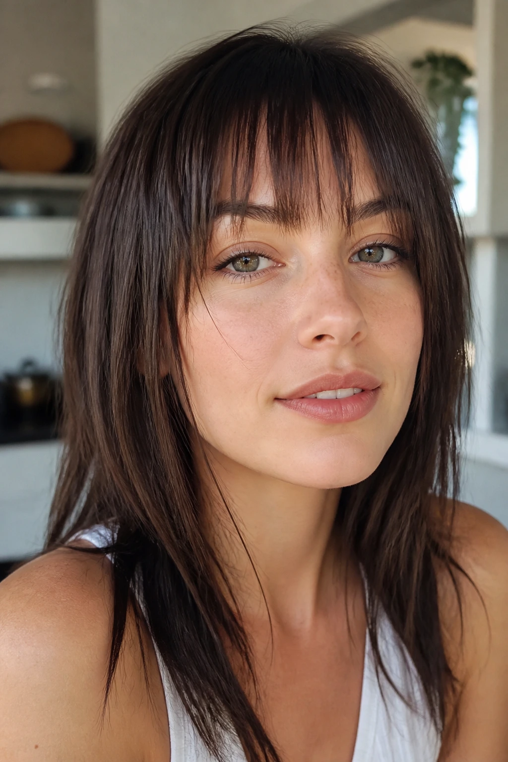 Close-up of straight hair with choppy bangs on a real person in a kitchen setting