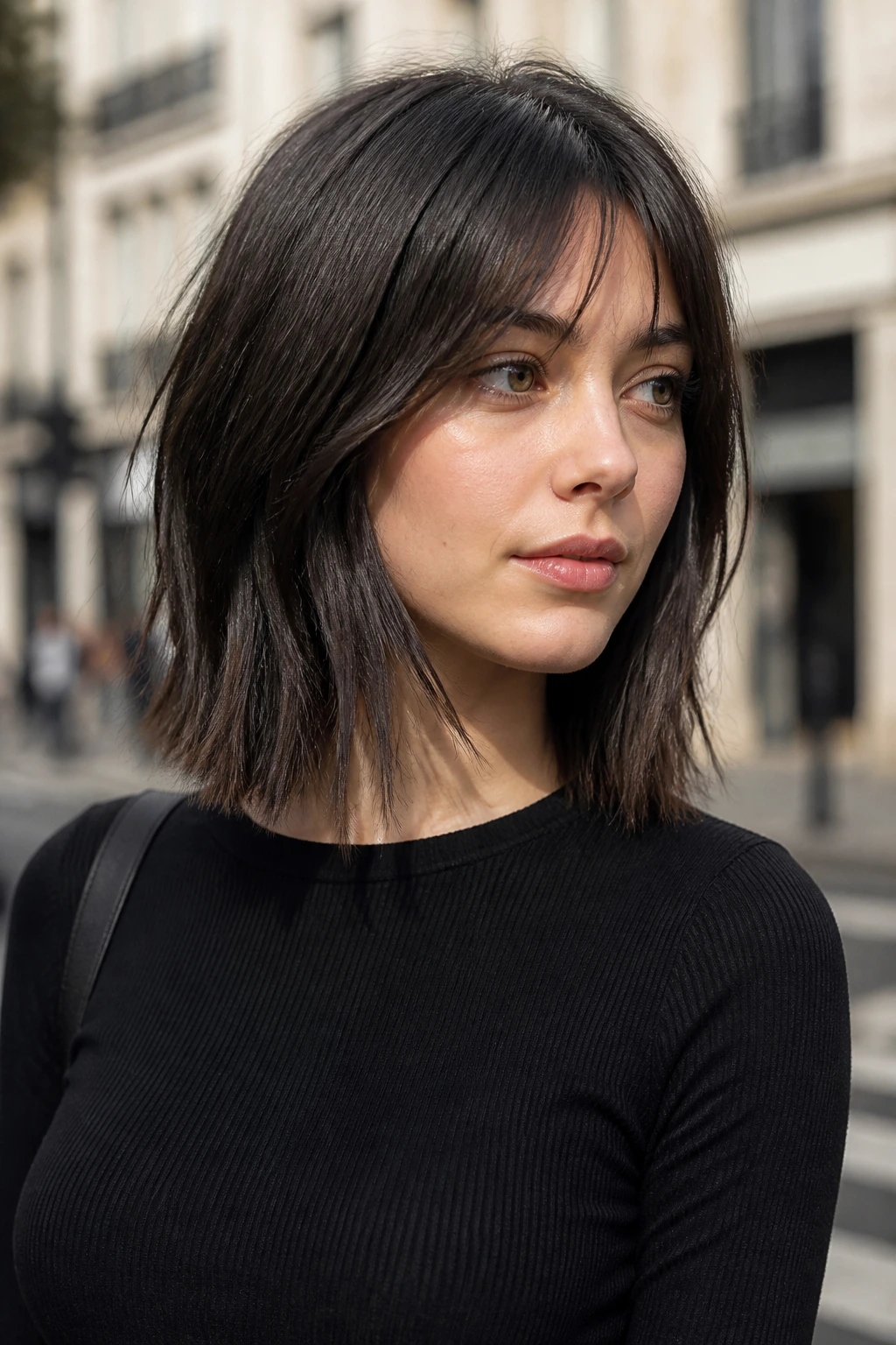 Close-up of a woman with straight hair and jagged ends in outdoor daylight.