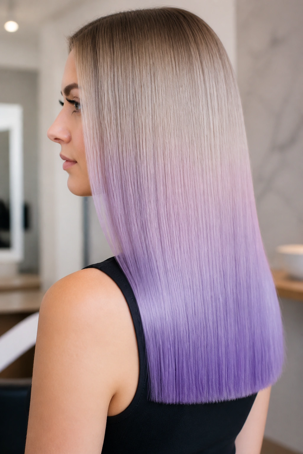 Portrait of straight glass hair with sharp lavender gradient