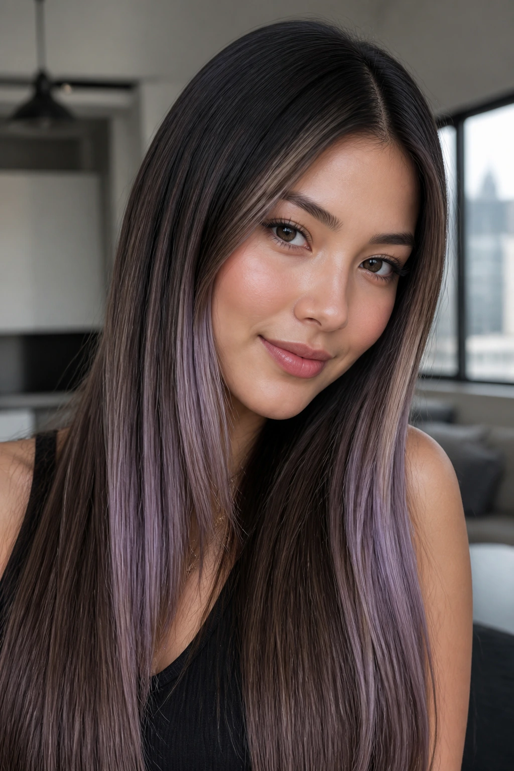 Real person with straight hair and long lilac ribbon highlights.