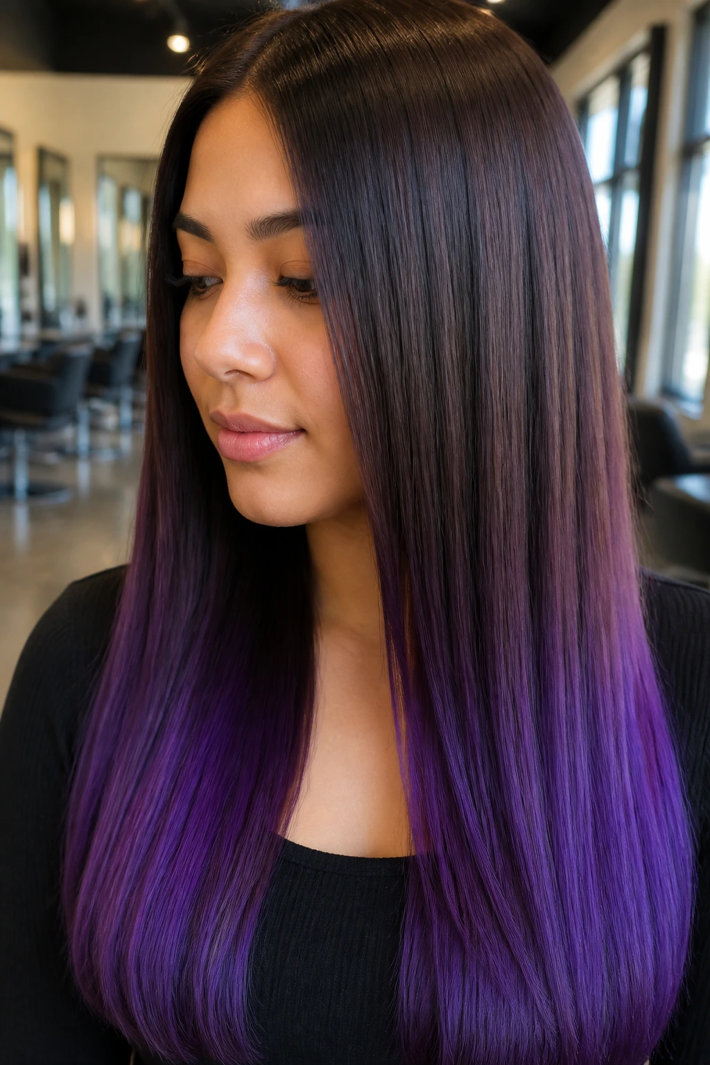 Close-up portrait of a real woman with straight brown-to-royal-purple ombre hair