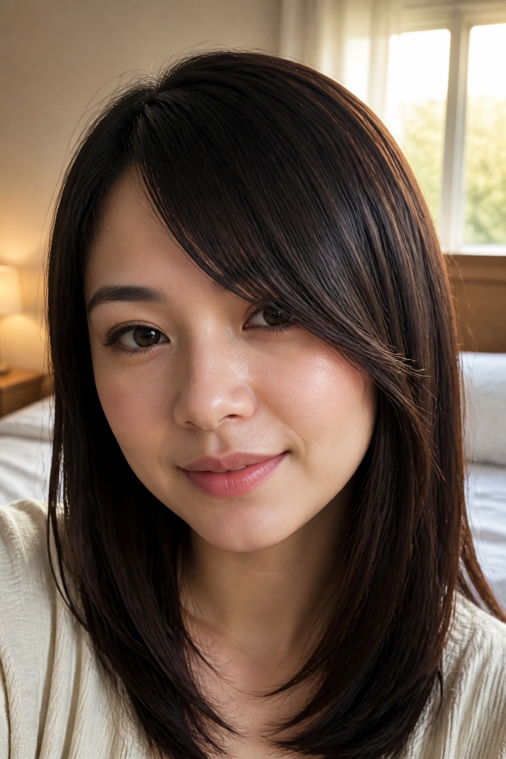 Close-up portrait of a real woman with straight hair and side bangs in warm window light.