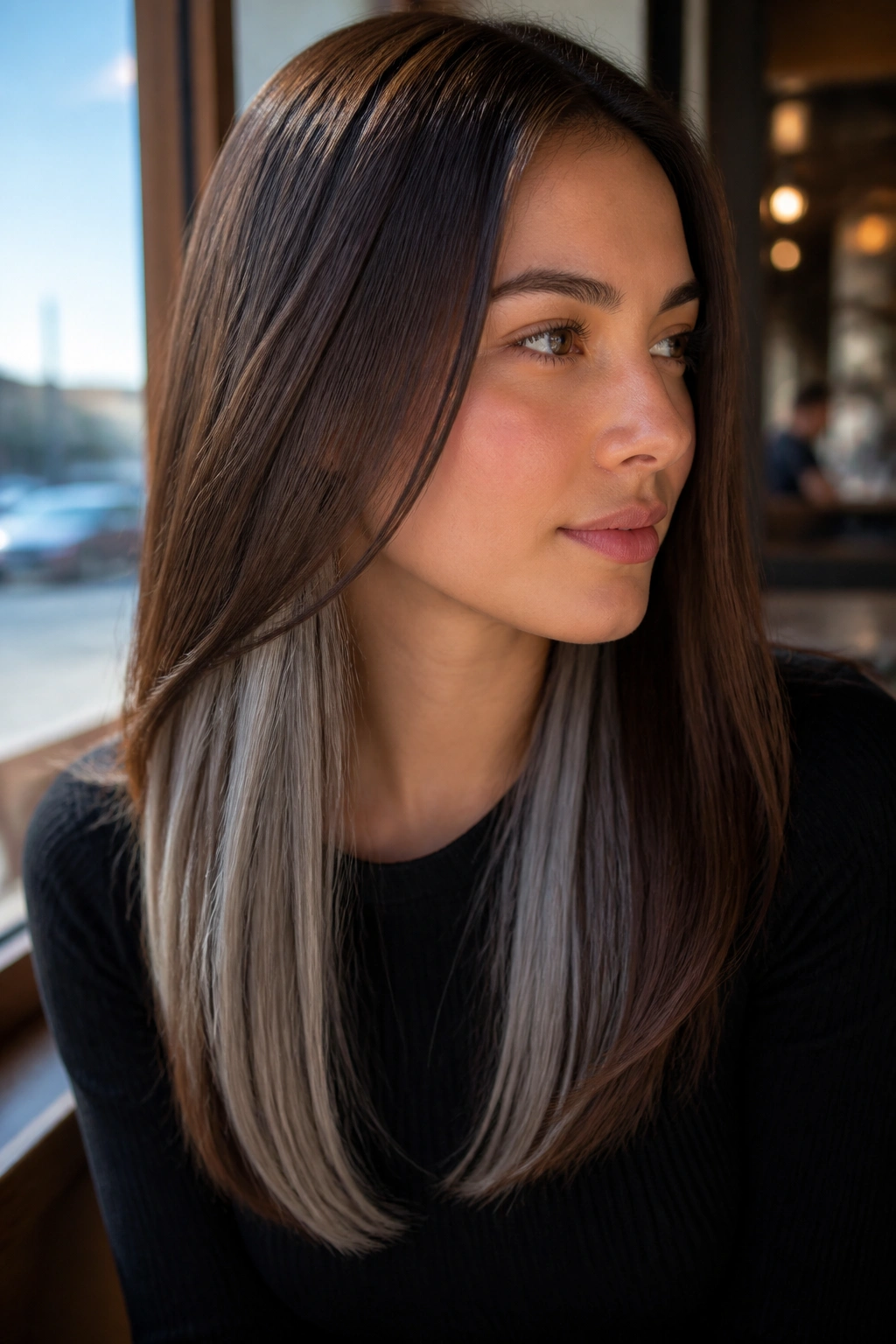 Close-up of a real person with straight brown hair and subtle silver inner panels hidden beneath the top layer