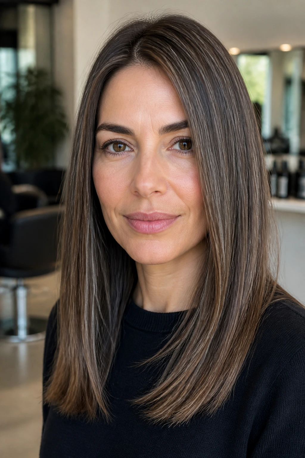 Close-up of real woman with straight hair and delicate silver threads running through
