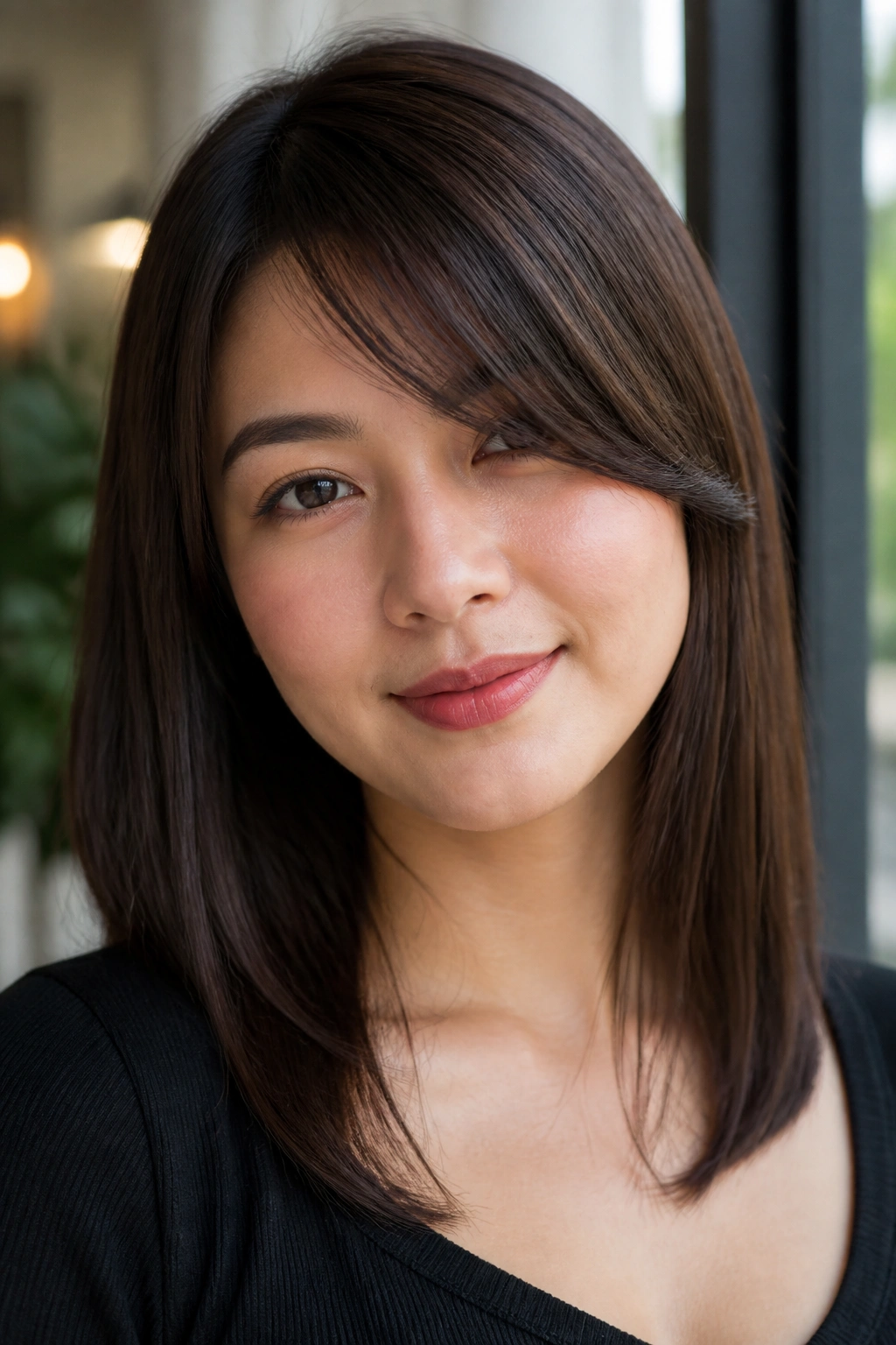 Close-up of a real woman with straight hair and soft bend side bangs
