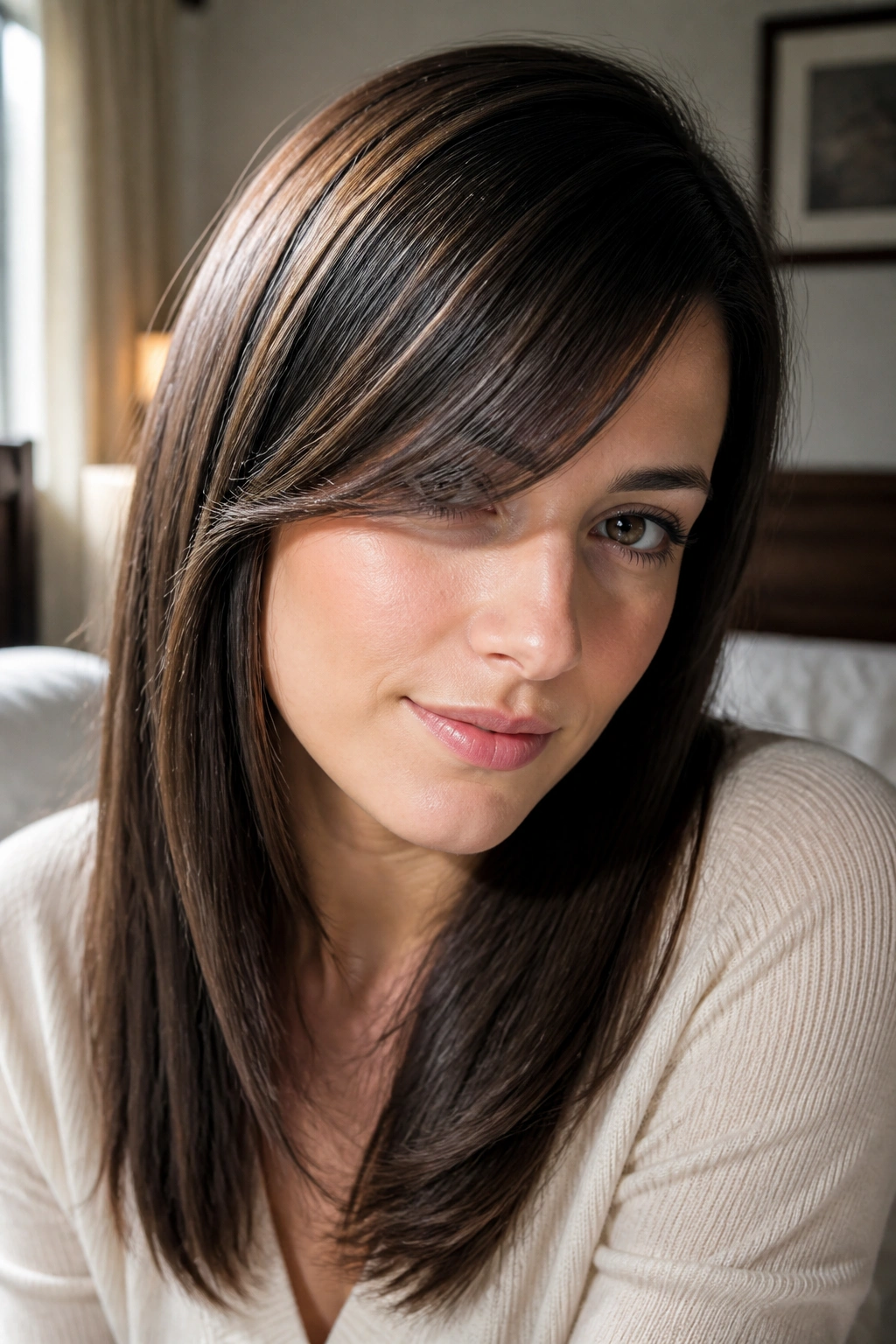 Portrait of a person with straight hair and a soft swept fringe in a cozy bedroom