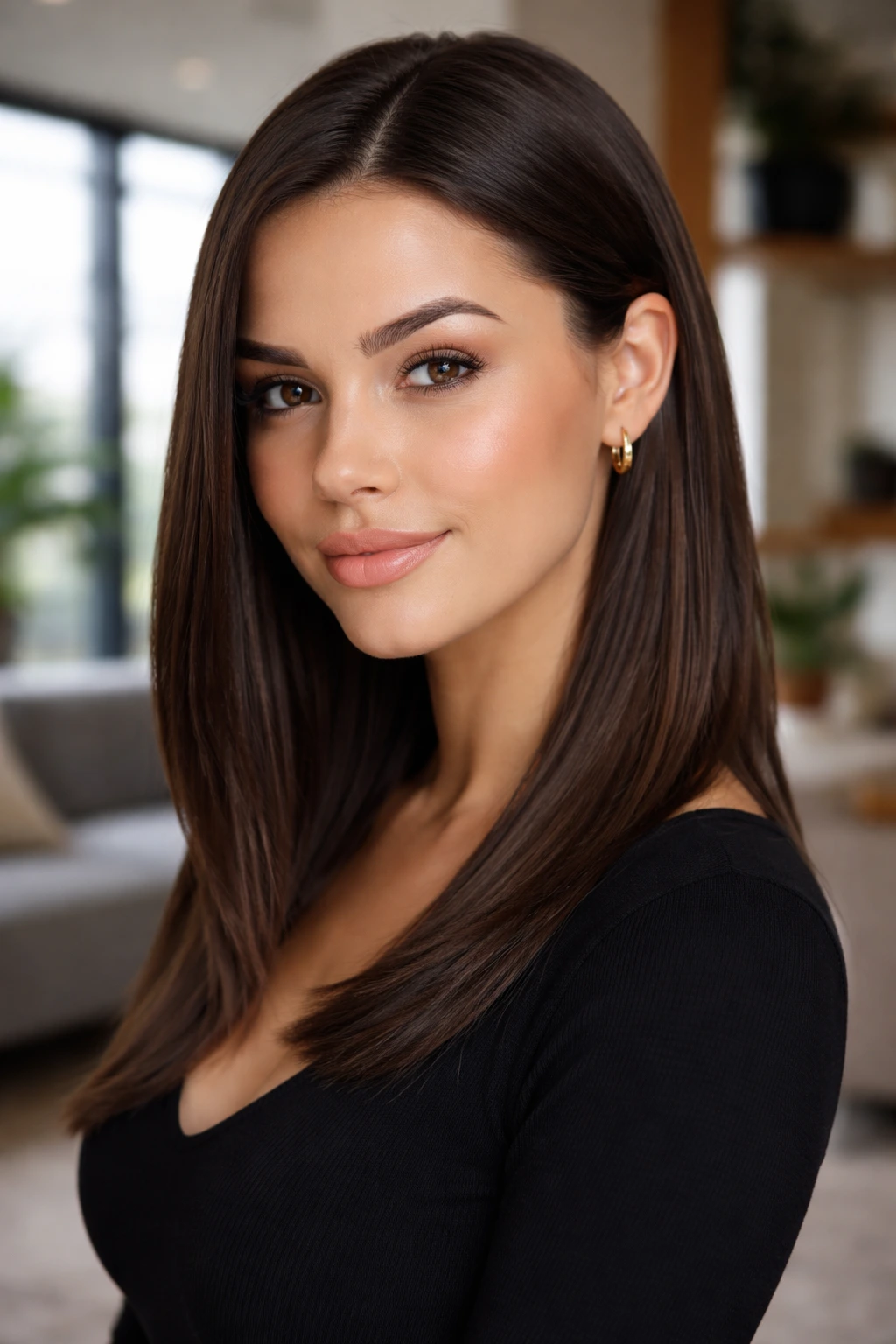 Brunette woman with straight hair tucked behind ears