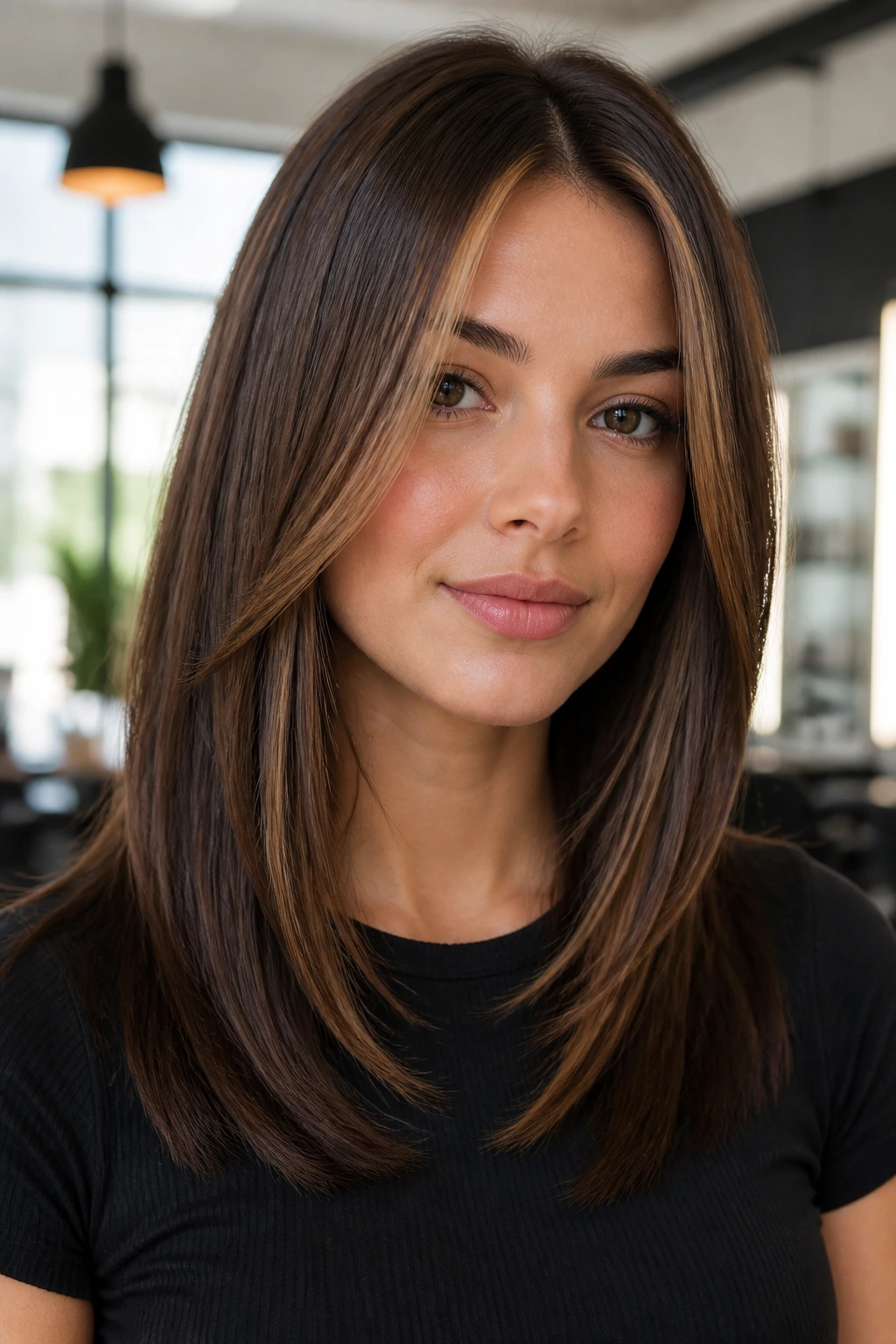 Real woman with straight layered hair and chocolate money piece