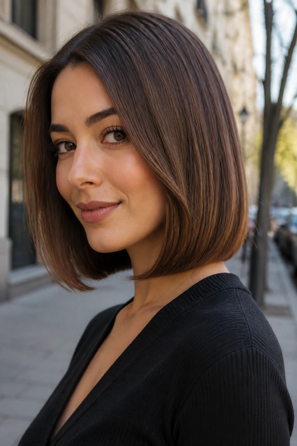 Portrait of a woman with a straight lob and soft curved ends.
