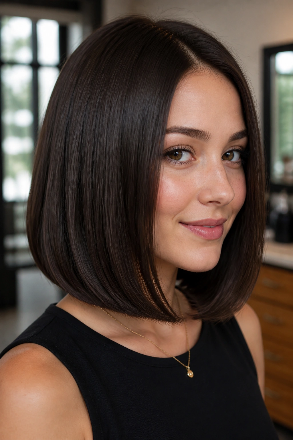 Real woman with straight lob and curved-under ends.
