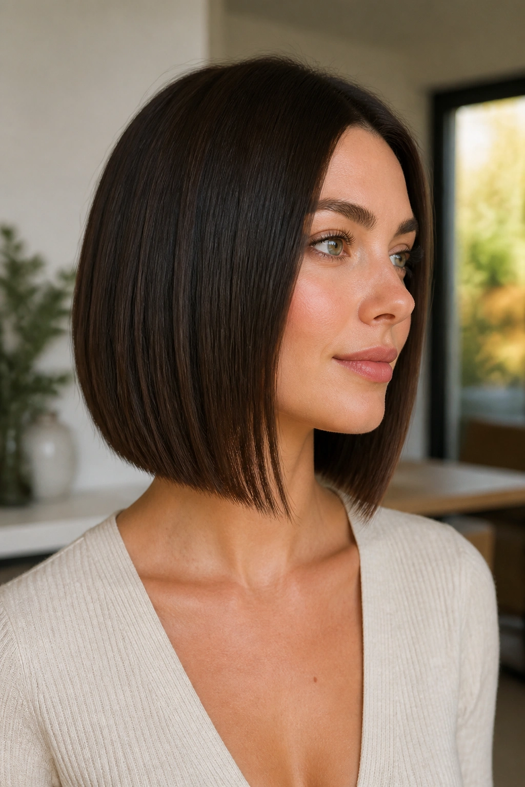 Portrait of a real woman with a straight lob and subtle nape graduation