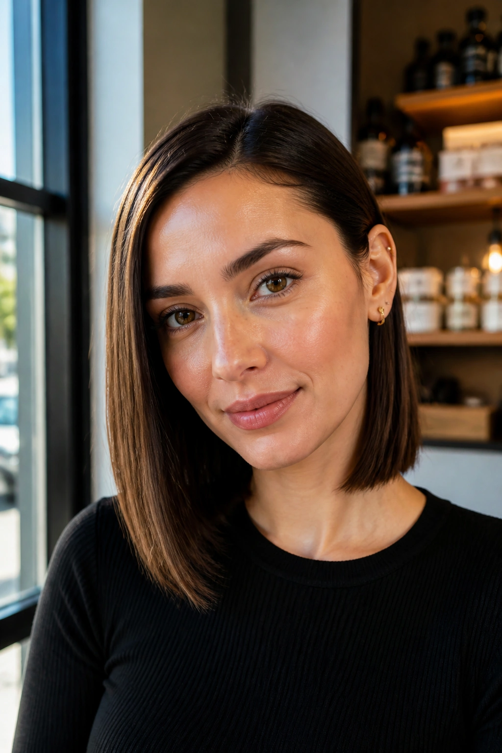 Close-up of a real woman with a tucked-behind-ear straight lob in daylight at a cafe window