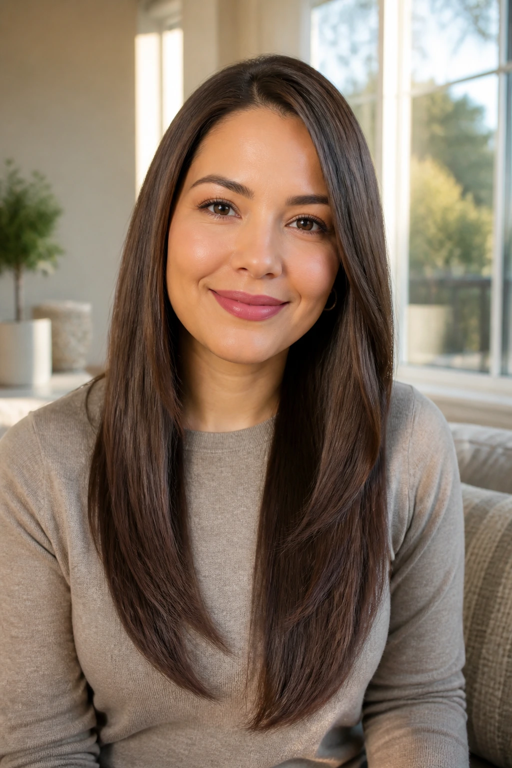 Portrait of a woman with straight long cut and beveled ends