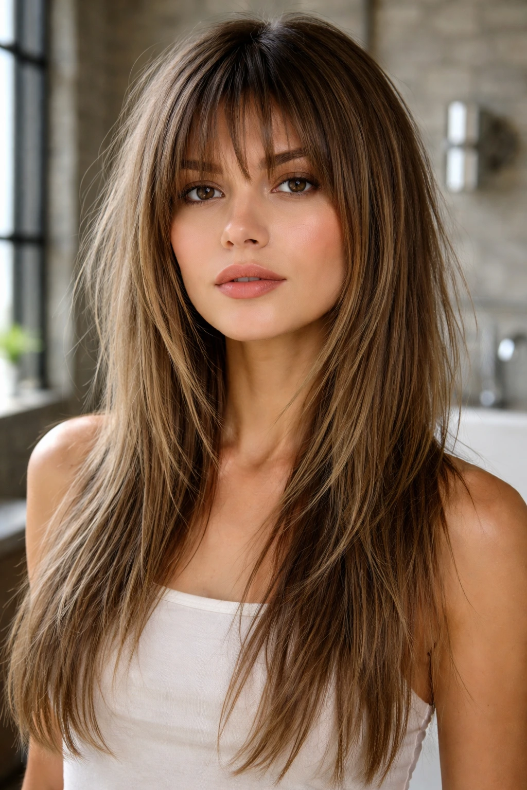Close-up portrait of a real woman with straight piecey micro shag and disjointed front pieces framing the cheeks.