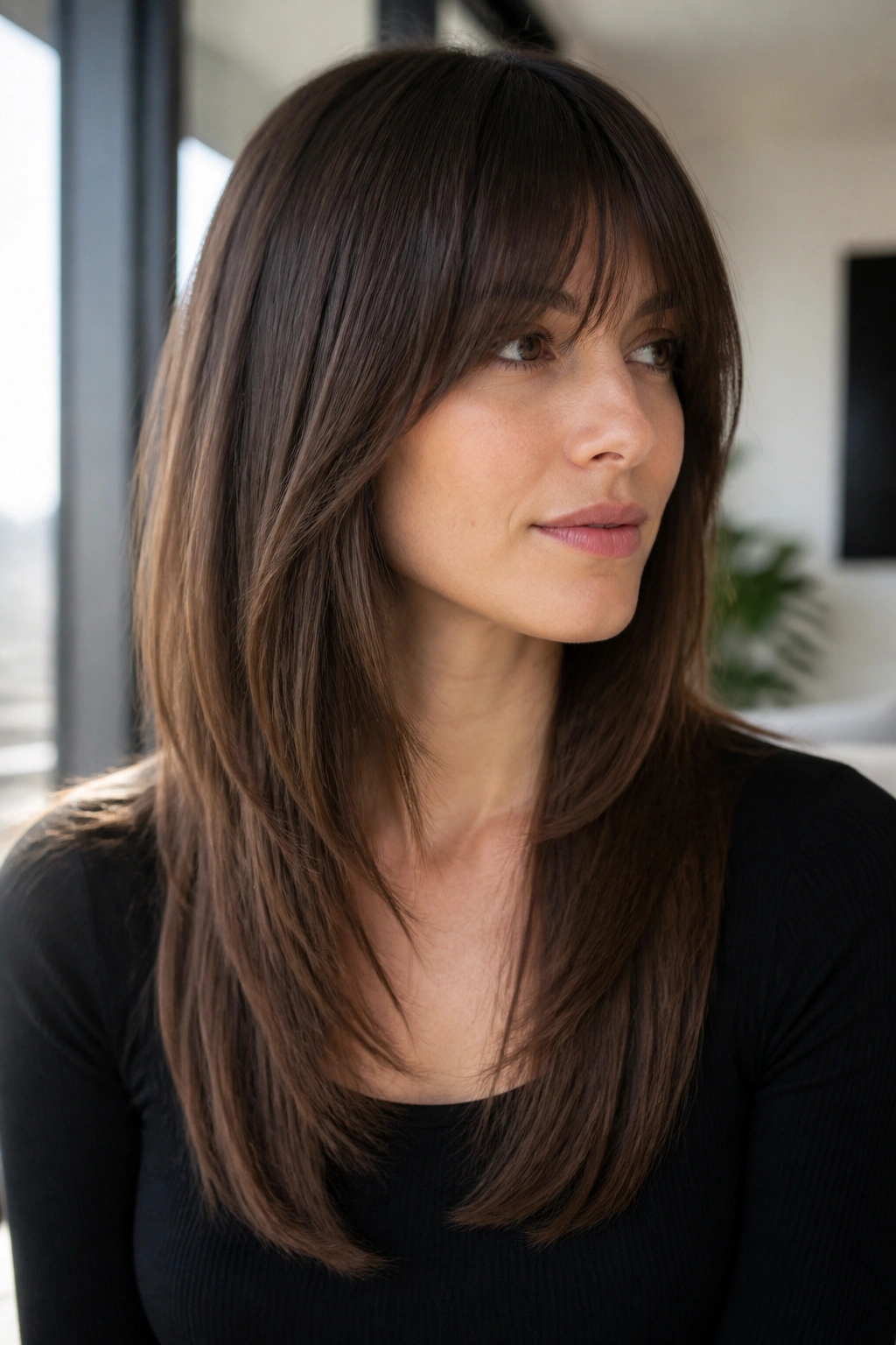 Portrait of a real woman with straight polished shag, sleek hair and soft fringe in natural light
