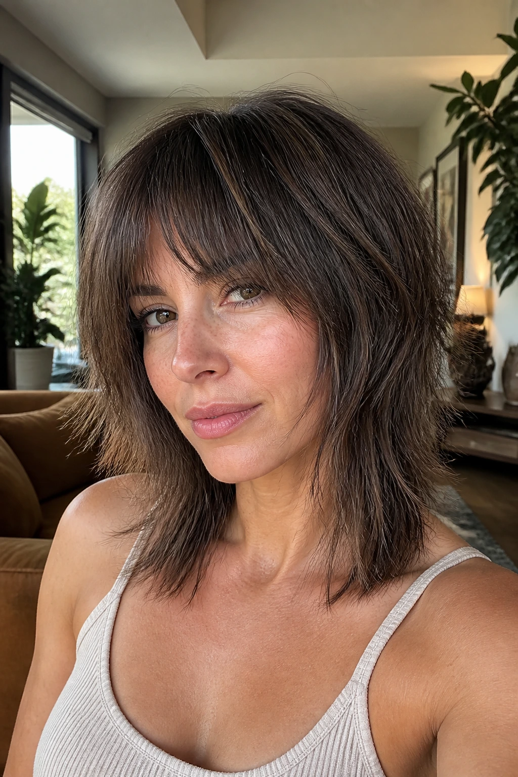 Close-up of a real woman with a straight shag and airy piecey layers.