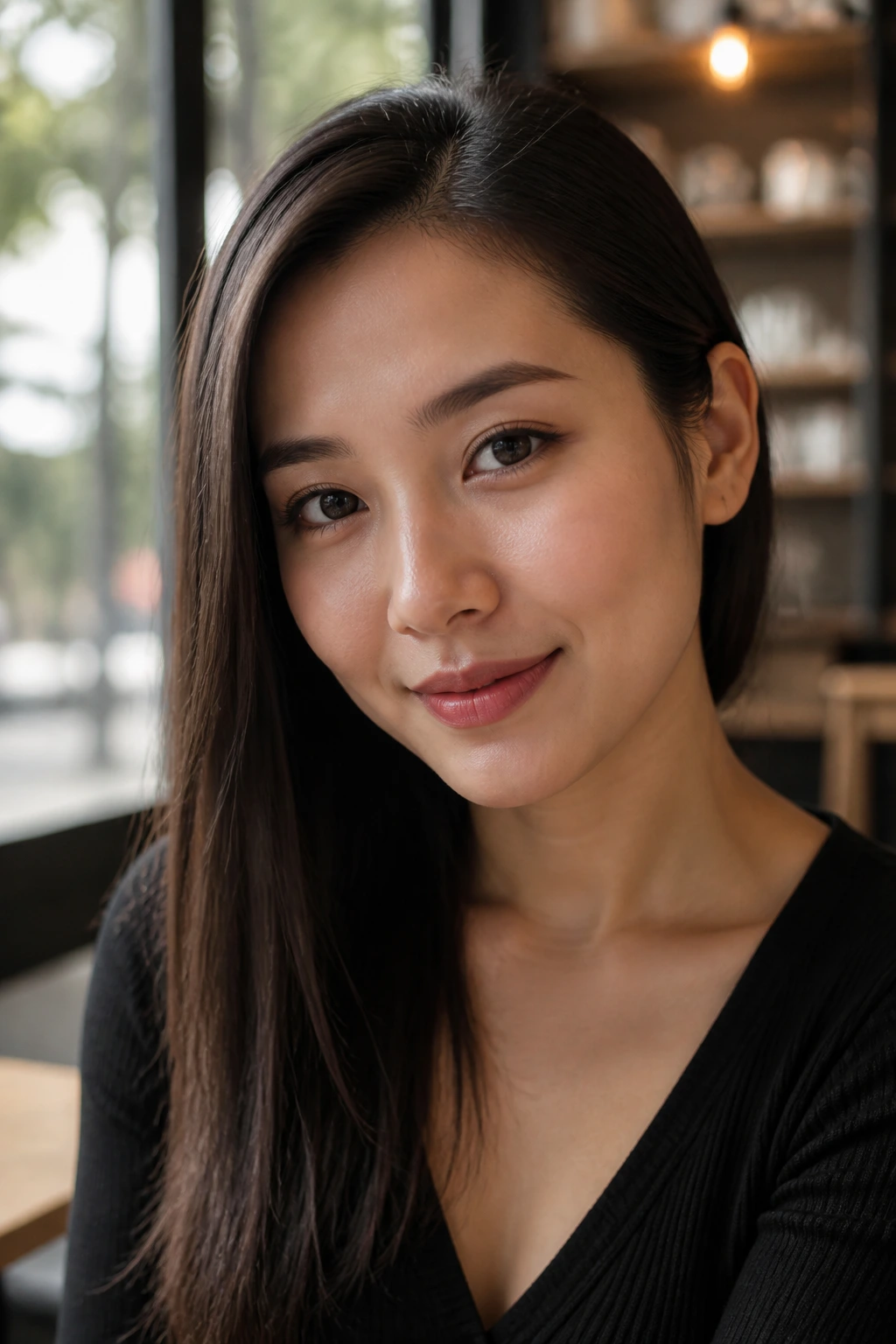 Close-up of a real woman with straight hair tucked behind one ear on one side