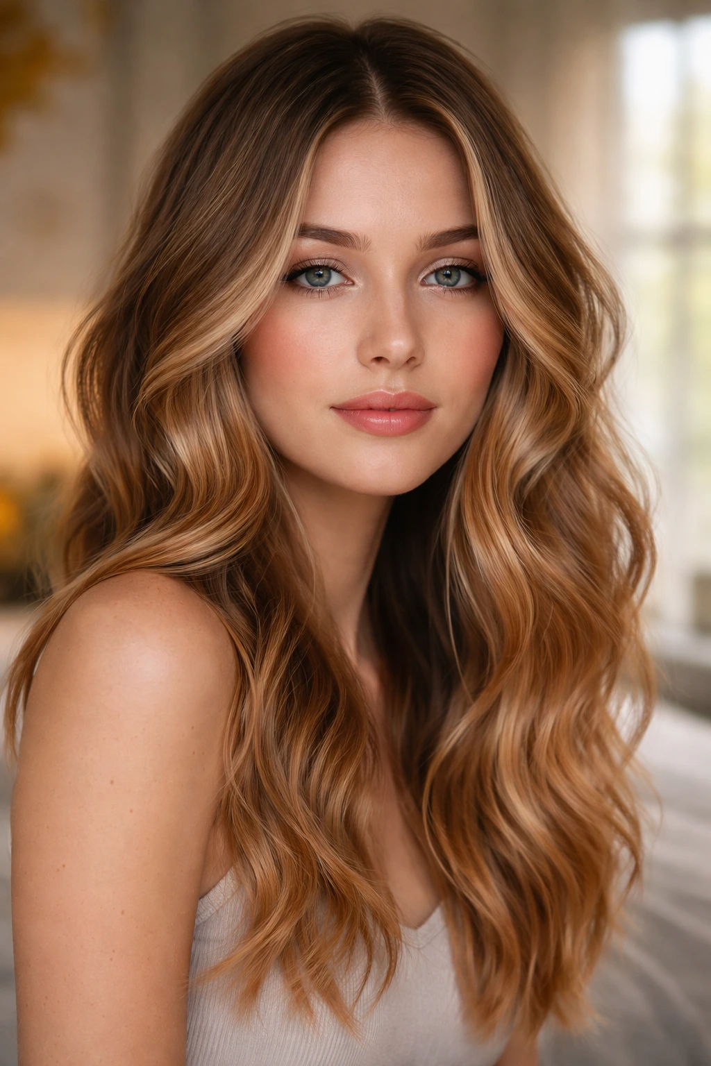 Close-up of straw-copper bronde melt hair gradient on a real person