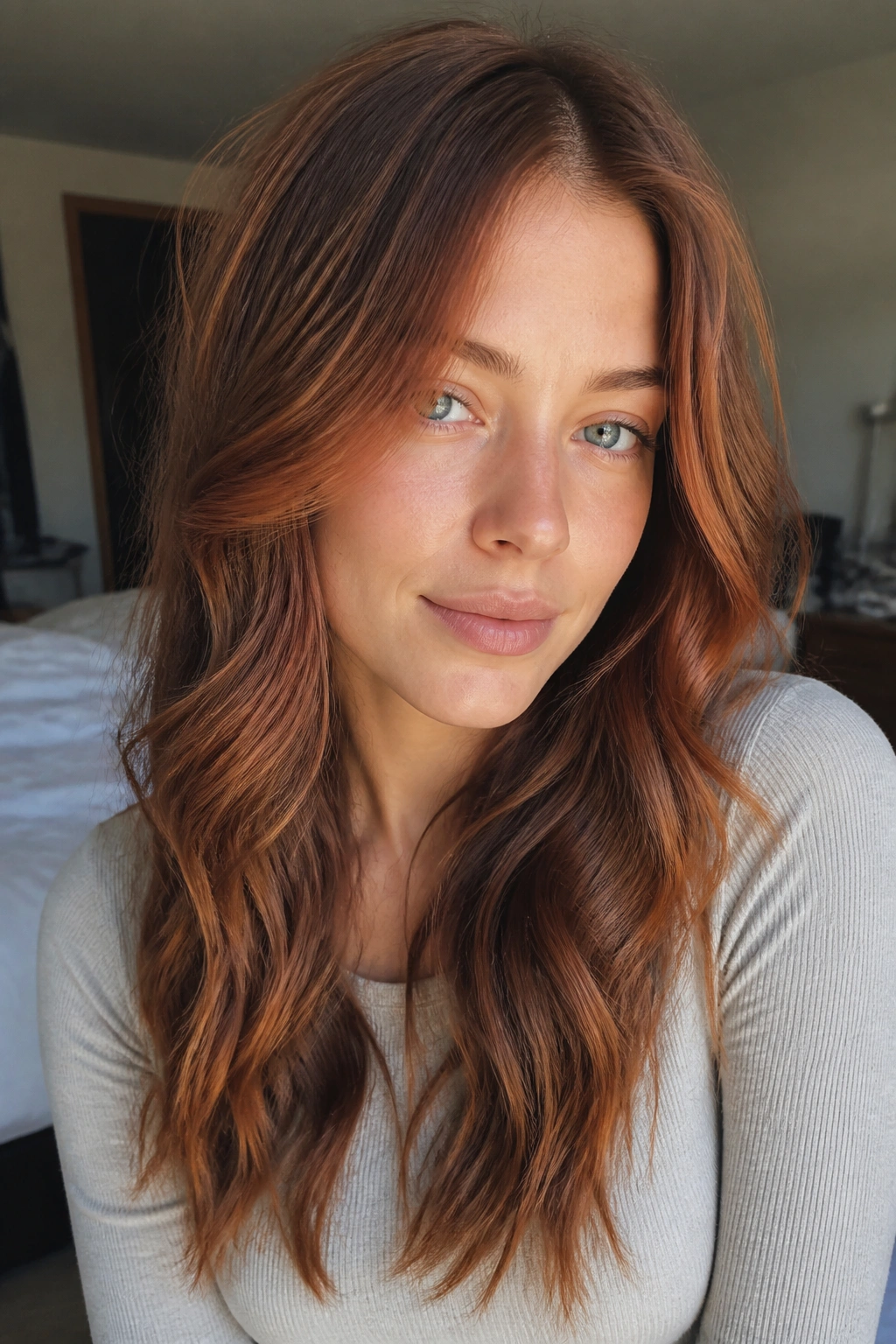 Close-up portrait of a real woman with ash-brown base and strawberry auburn highlights framing her face