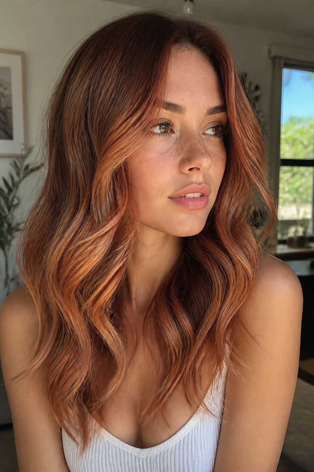 Close-up of a real woman with strawberry auburn blend on warm brown hair in a sunlit room