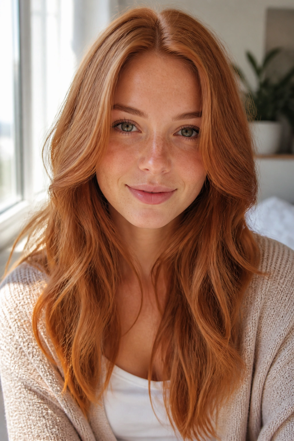 Close-up of a real woman with Strawberry Auburn hair in daylight