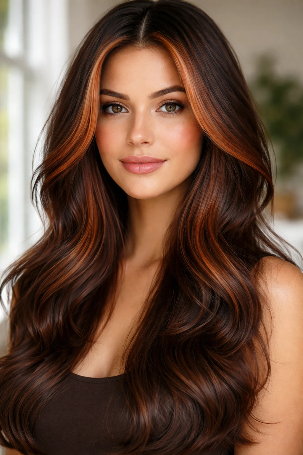 Close-up of face-framing strawberry auburn money piece against brown hair