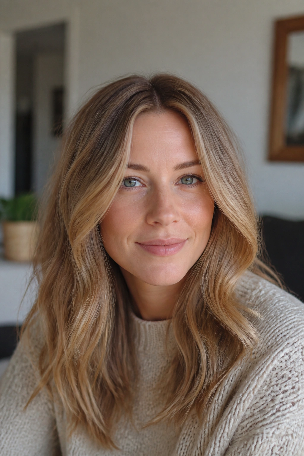 Close-up of real woman with strawberry blonde babylights on a dark blonde base.