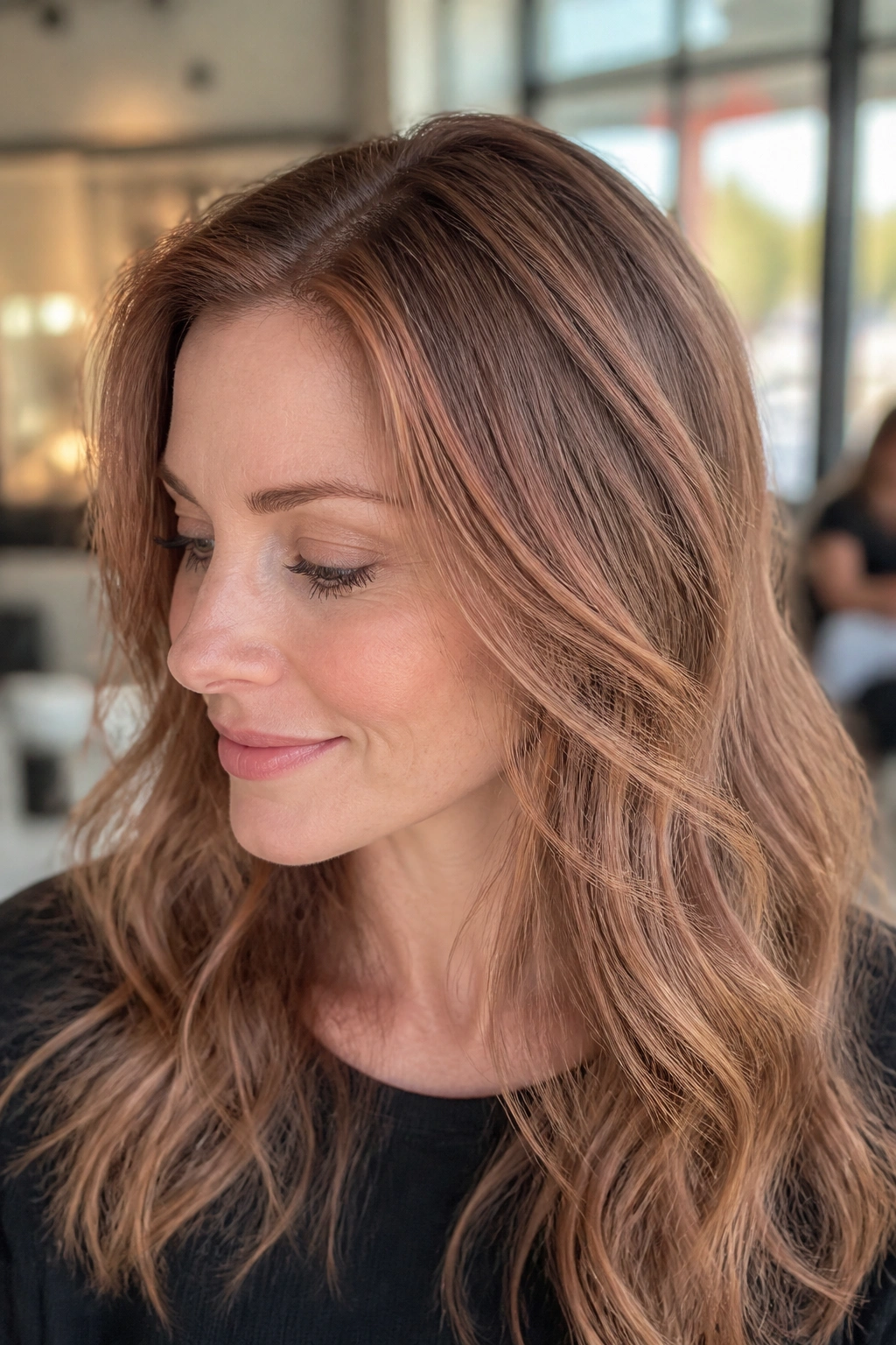 Close-up portrait of a real woman with strawberry blonde babylights on cool-toned skin.