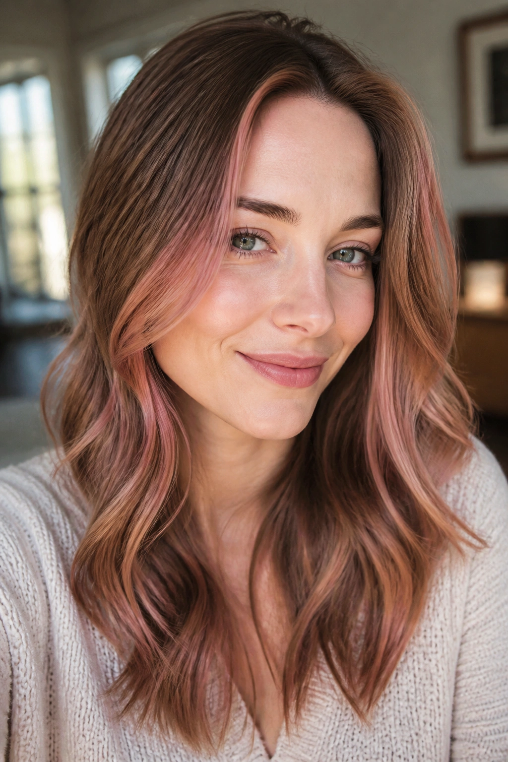 Portrait of a woman with light brown hair featuring strawberry balayage around the face