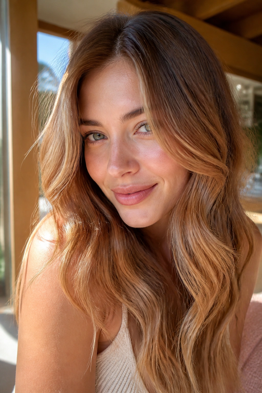 Close-up of strawberry blonde balayage on brown hair with soft warmth
