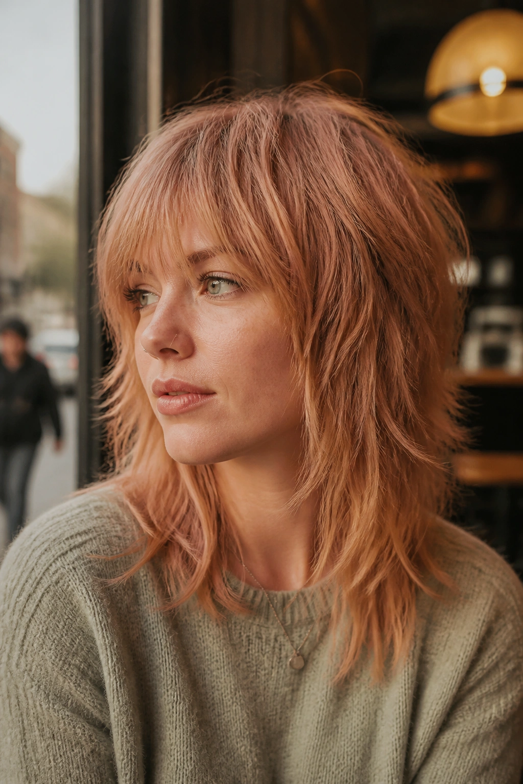 Portrait of a woman with strawberry beige shag hair color, warm red-gold accents and beige balance