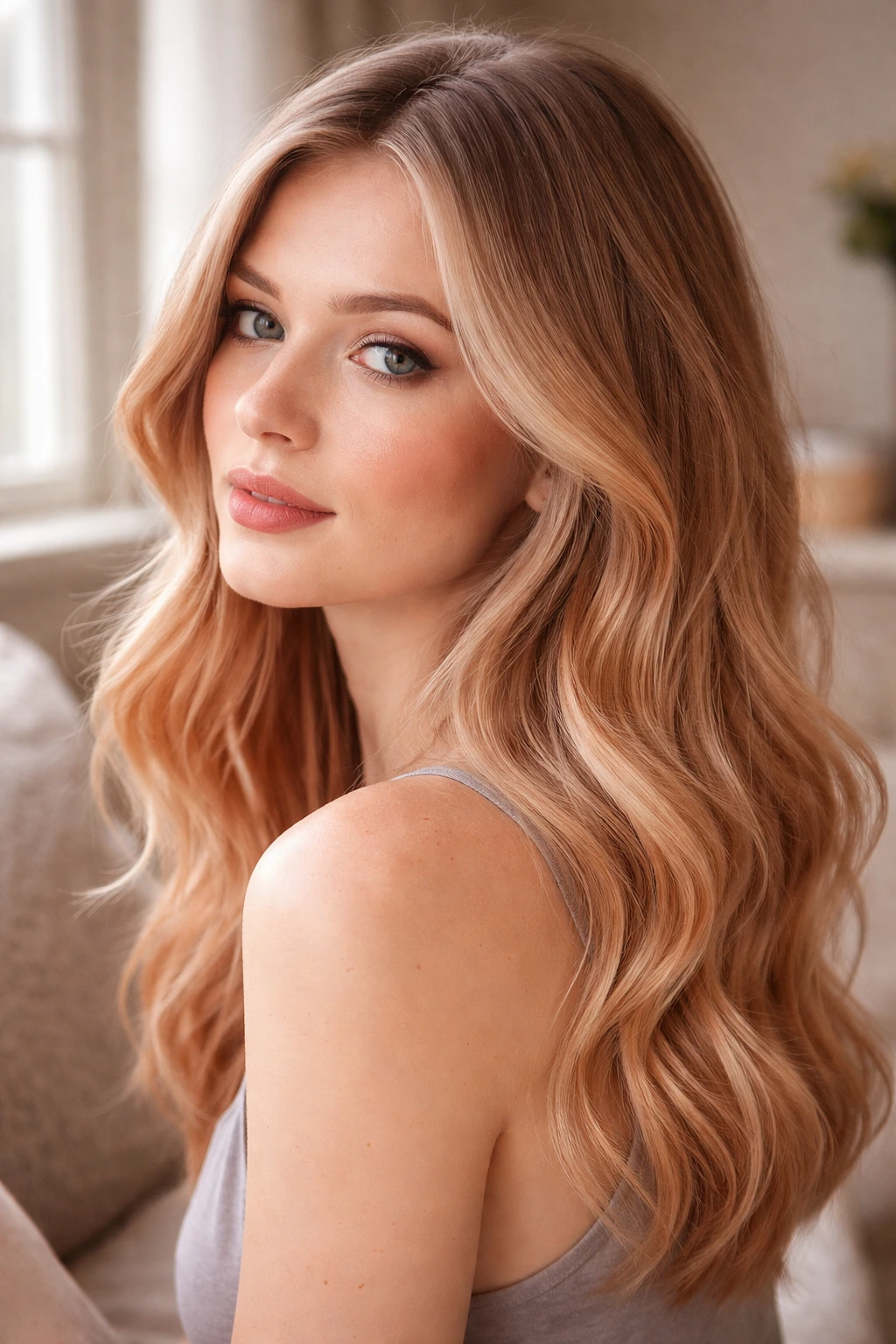 Close-up portrait of a real woman with soft strawberry blonde hair and ash roots, natural lighting