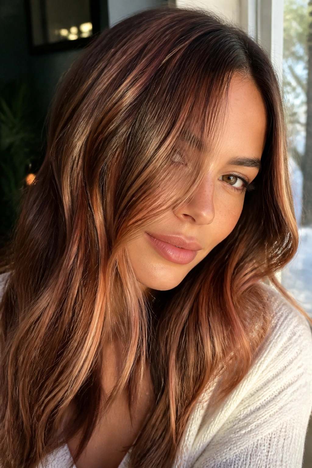 Close-up portrait showing strawberry blonde babylights on brown hair