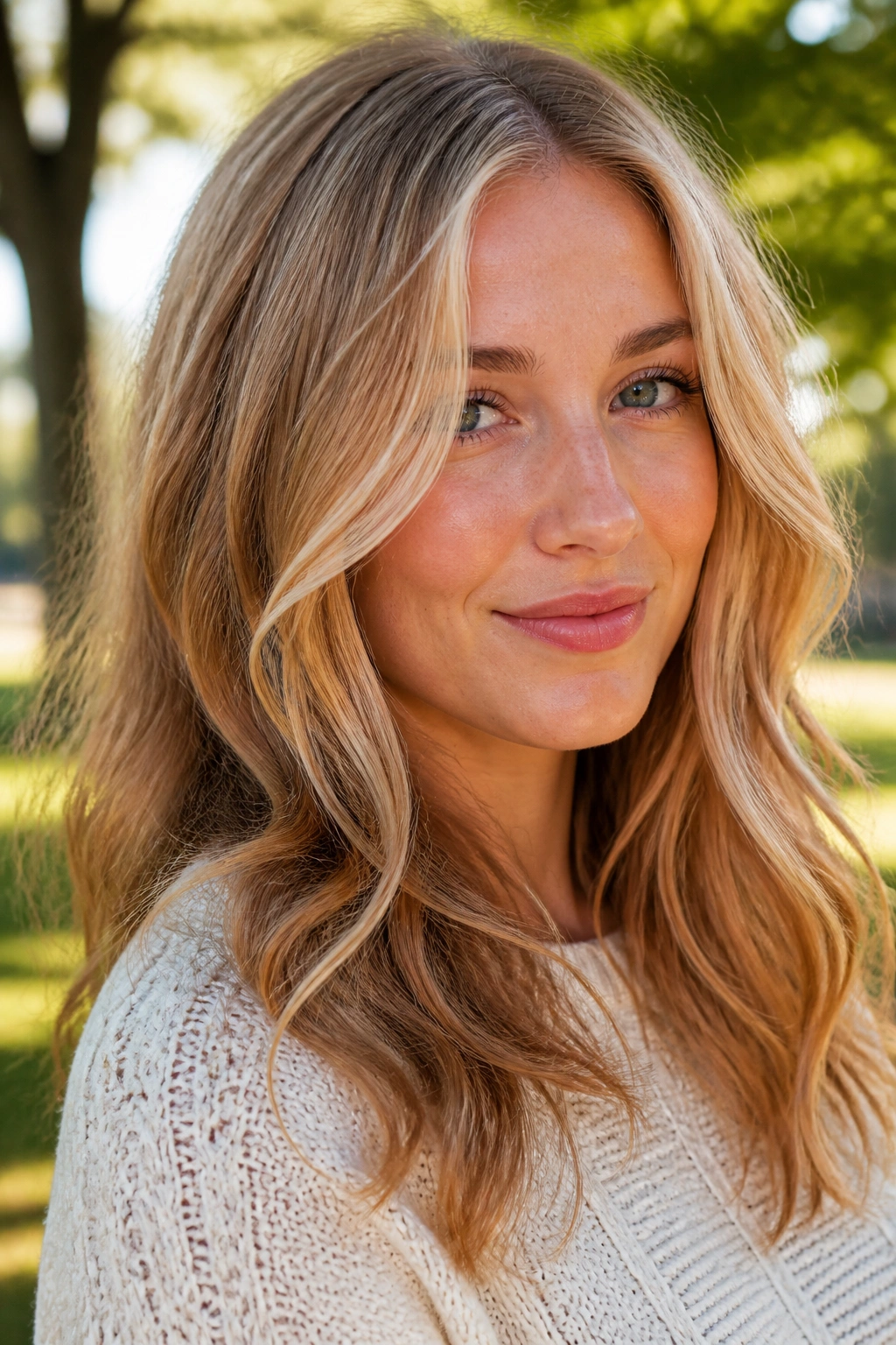 Close-up of a real woman with strawberry blonde balayage on dark blonde hair