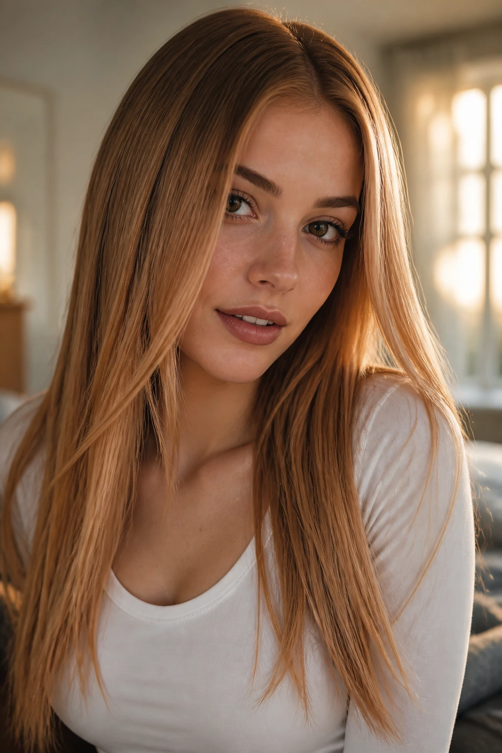 Close-up of a real woman with straight long hair showing strawberry blonde balayage with warm highlights.