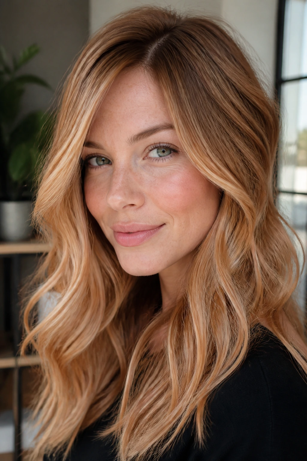 Close-up of real person with strawberry blonde balayage and peach warmth.