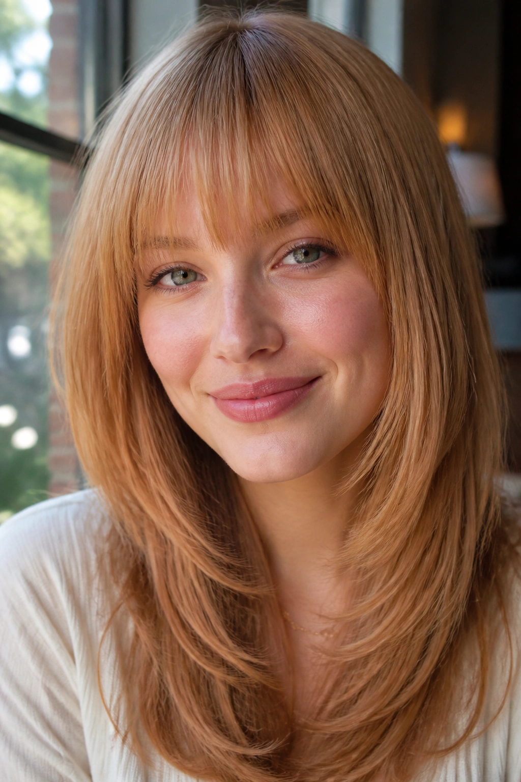Close-up of a real woman with strawberry-blonde straight bangs and feathered ends