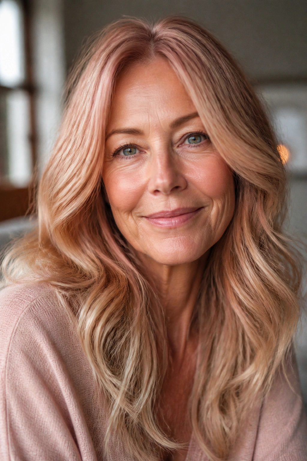 Close-up portrait of a real woman with strawberry blonde hair and beige ends