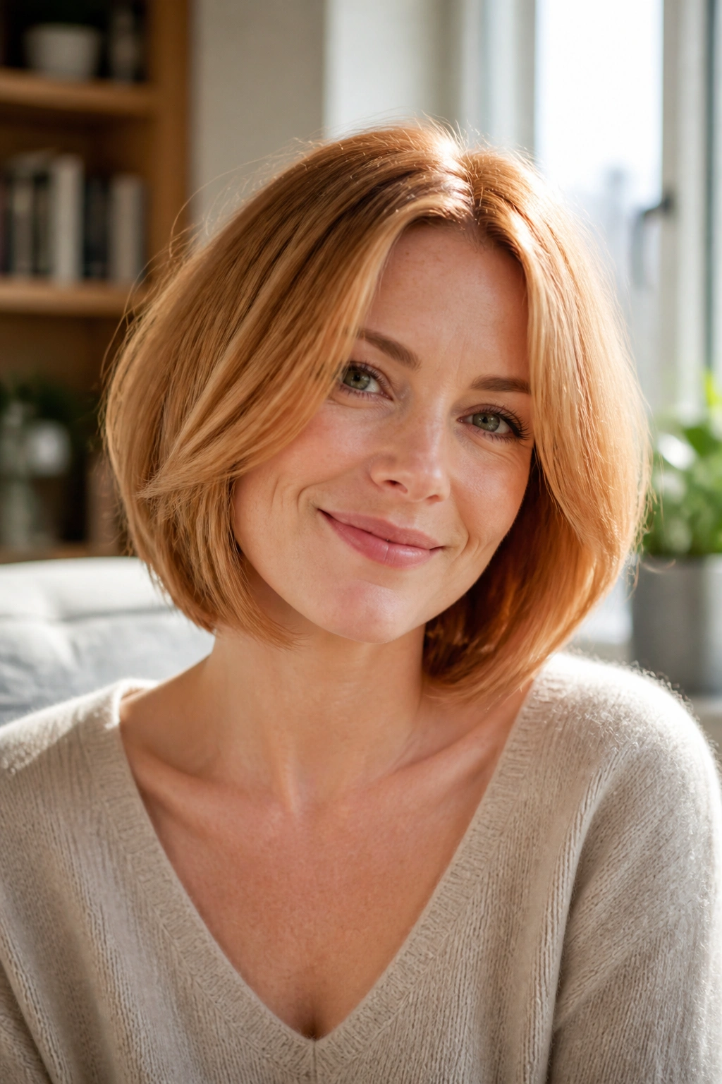 Portrait of a real woman with strawberry blonde bob and soft layers in natural light