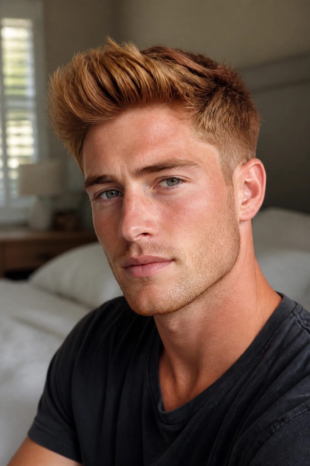 Close-up of a real man with strawberry blonde brush-up hairstyle, warm red-gold front lift