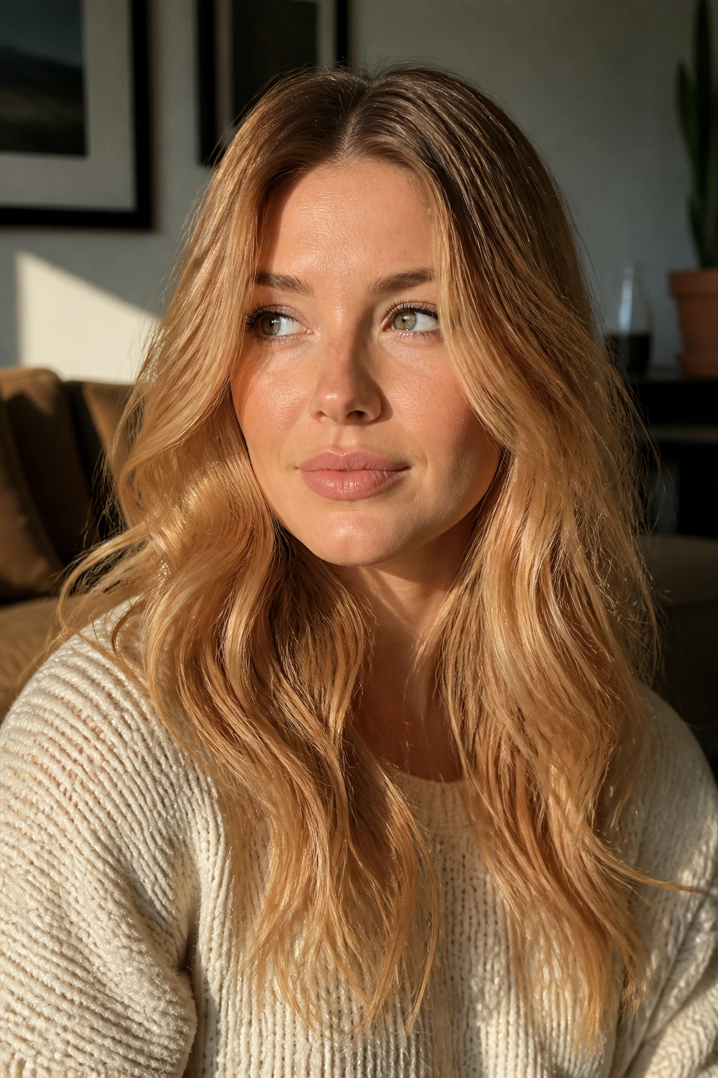 Real person wearing strawberry blonde with chestnut root in a warm setting