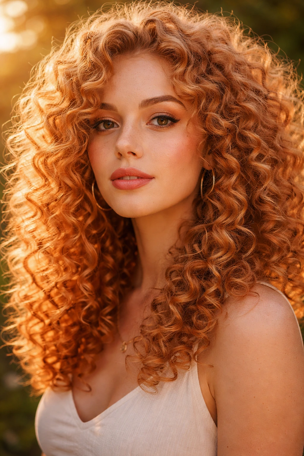 Portrait of a person with strawberry blonde curls in golden hour light