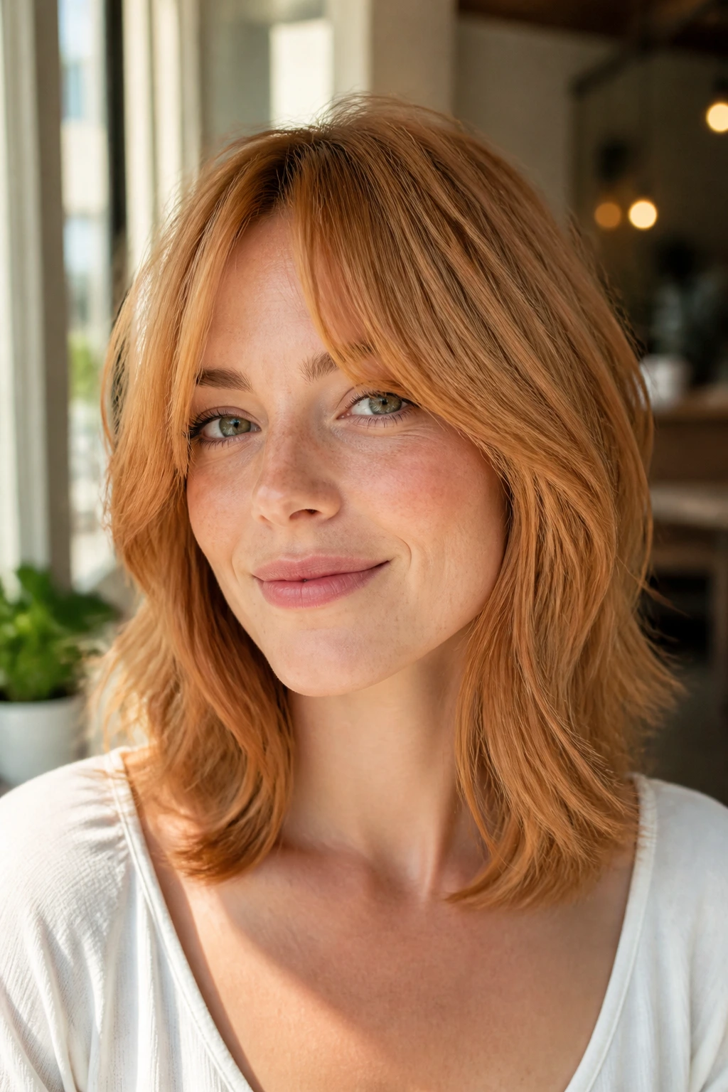 Portrait of a real woman with strawberry blonde collarbone-length shag and curtain bangs in sunlit room