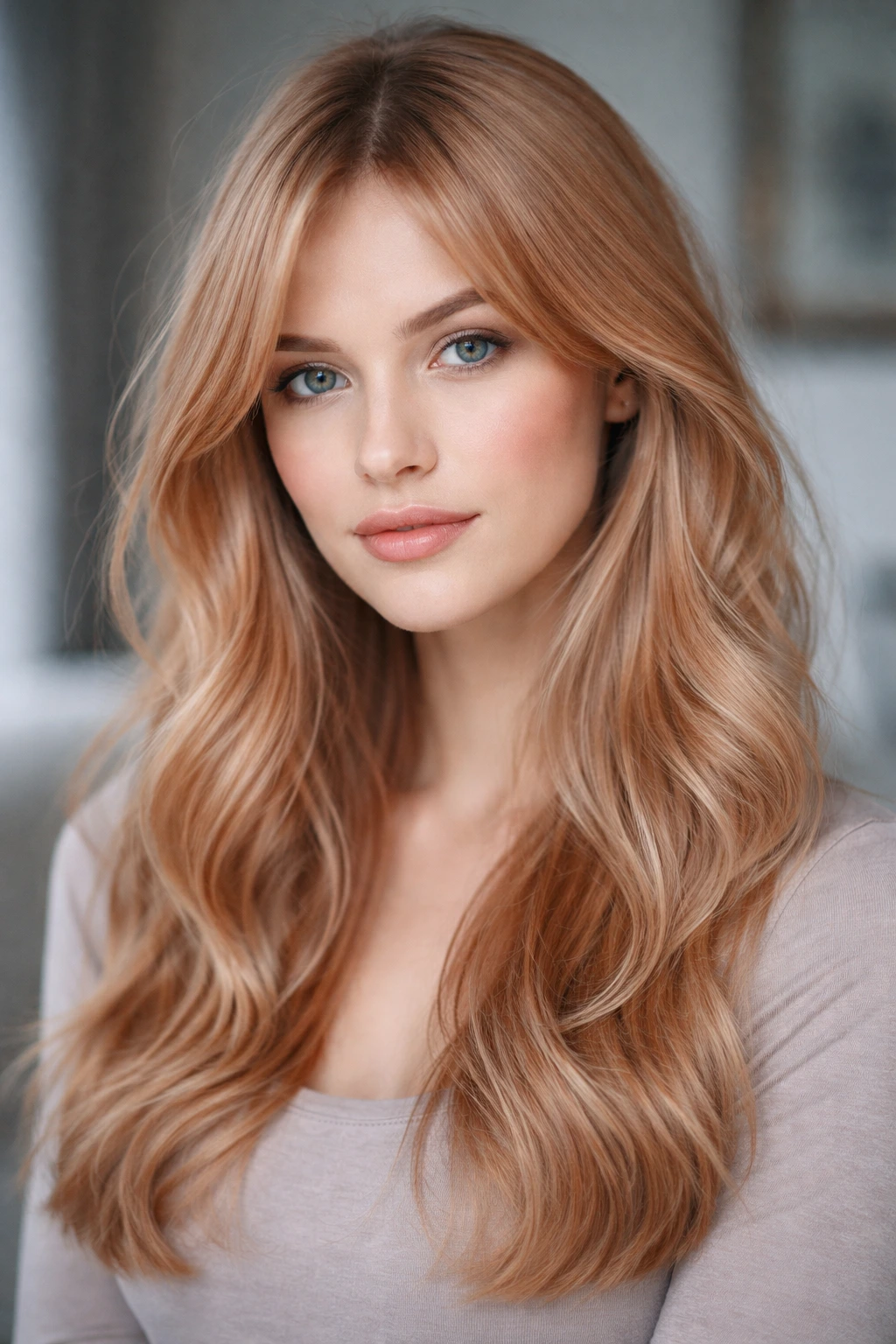 Close-up of cool-toned strawberry blonde hair on pale skin with ash-beige copper tones.