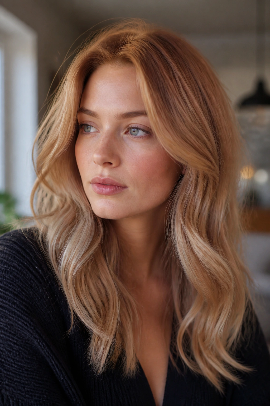 Close-up portrait of a woman with honeyed strawberry blonde hair and cool-filter warmth