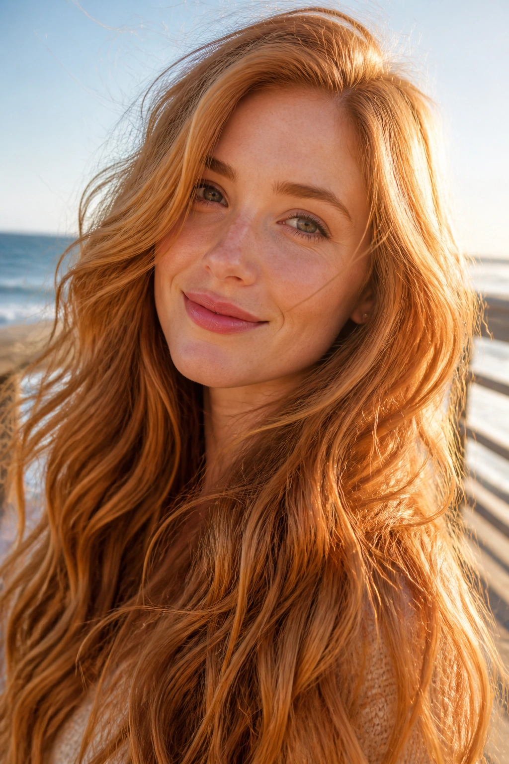 Close-up of strawberry blonde hair with a copper wash on long, wavy hair.