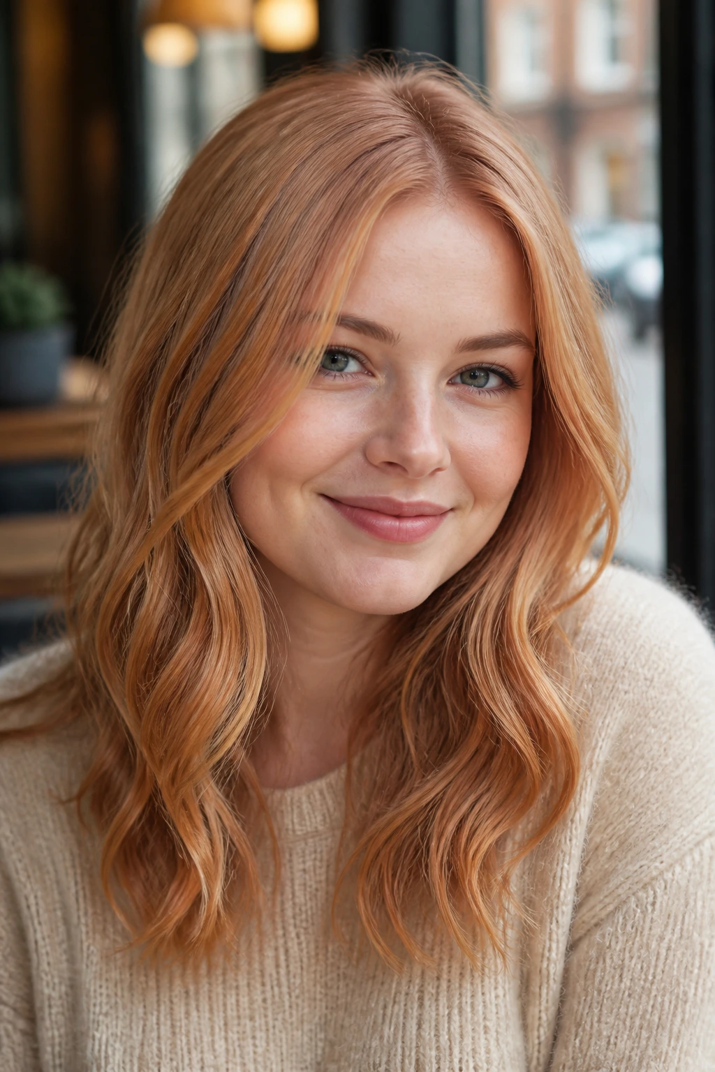 Close-up portrait of a real person with strawberry blonde hair and copper-softened ends, warm pink-gold tones framing the face.