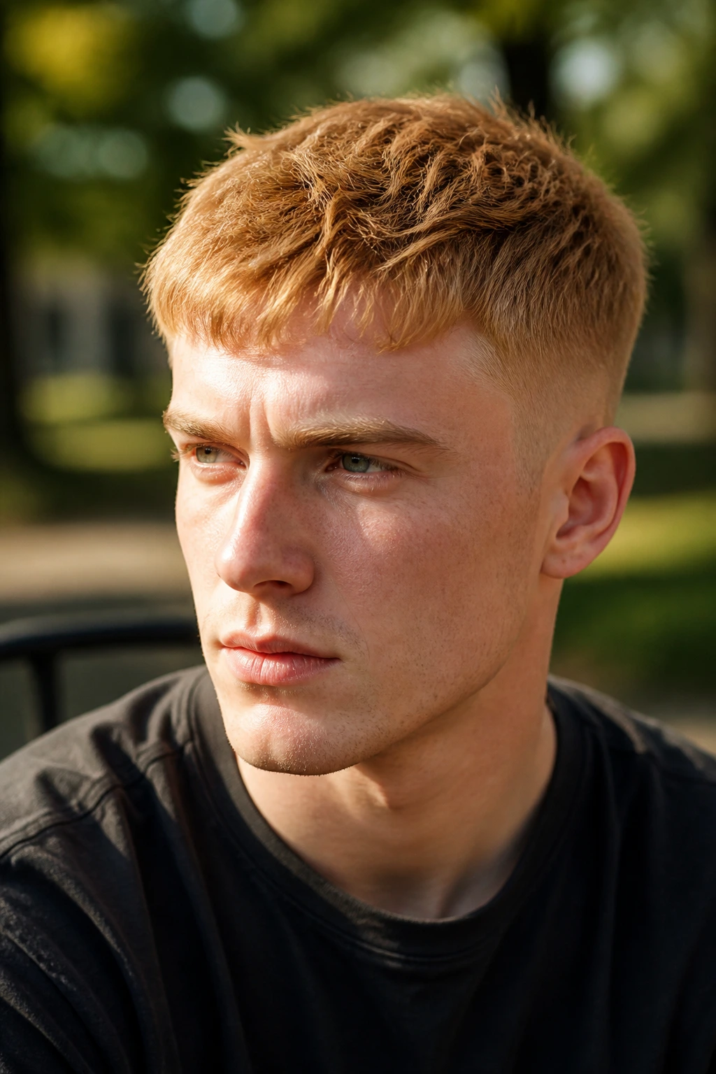 Close-up of a man with strawberry blonde crop in outdoor sunlight
