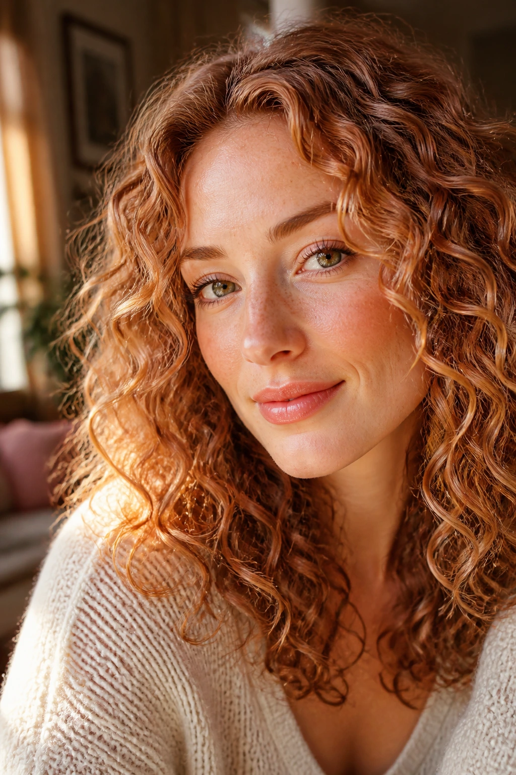 Close-up of a real woman's curls with strawberry blonde streaks on a warm base.